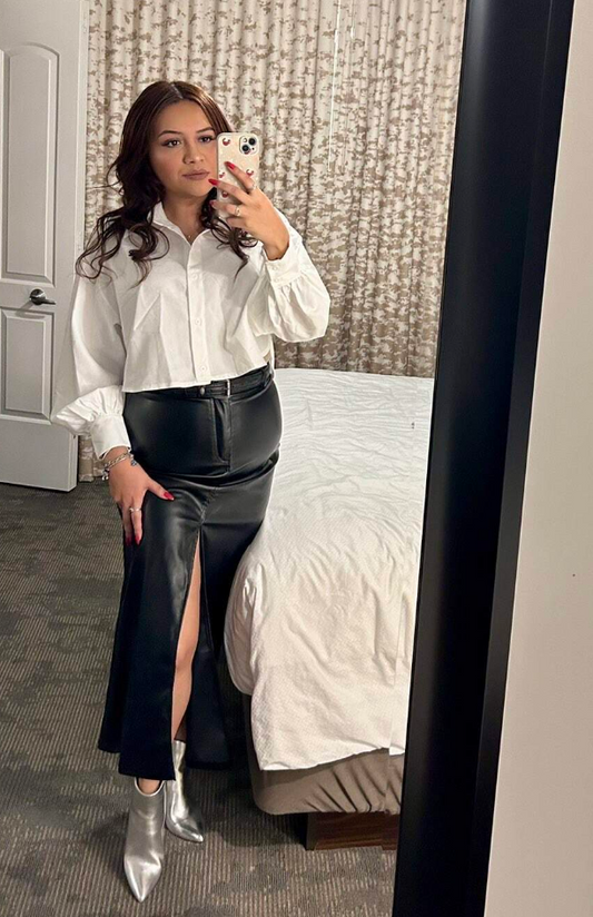 High Waist Leather Slit Straight Skirt