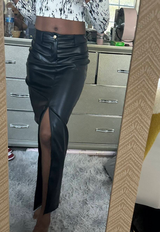 High Waist Leather Slit Straight Skirt