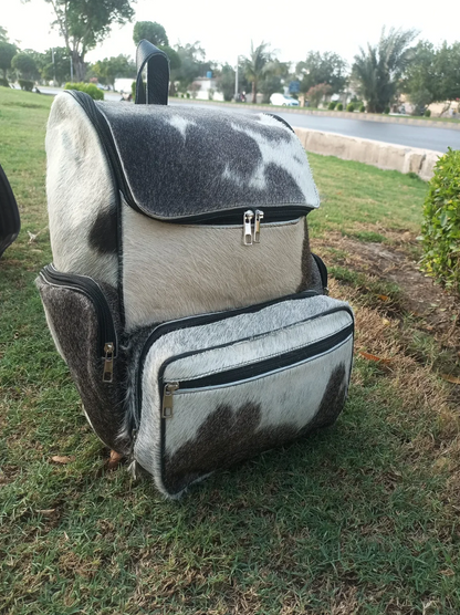 Cowhide Backpack Mommy Bag Grey White