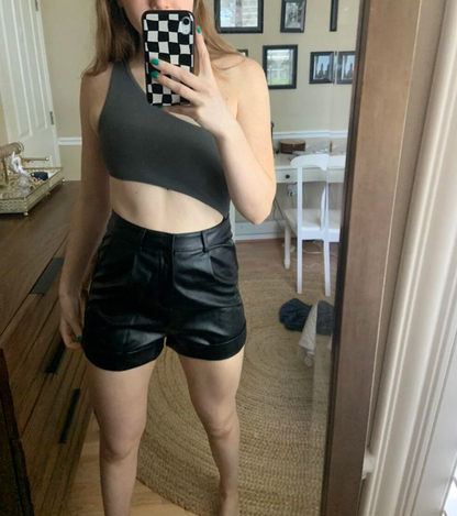 Women Leather Shorts Roll Hem