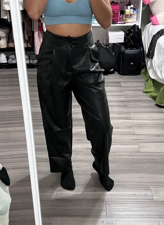 High waisted Leather Trousers With Slanted Pocket