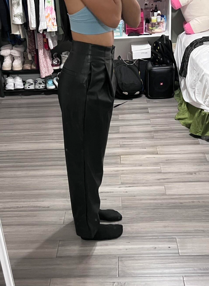 High waisted Leather Trousers With Slanted Pocket