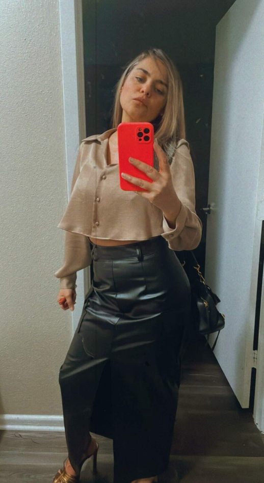 Flap Pocket Split Thigh Leather Skirt