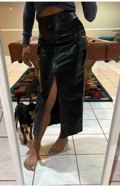 Flap Pocket Split Thigh Leather Skirt