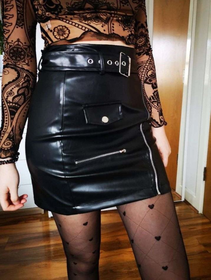 Genuine Leather Buckle Belted Mini Skirt