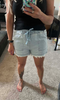 Elastic Frayed Denim Shorts For Women