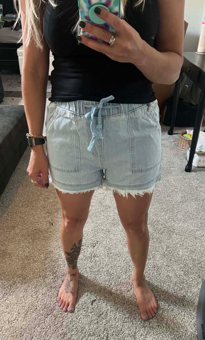 Elastic Frayed Denim Shorts For Women