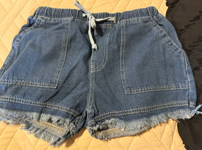 Elastic Frayed Denim Shorts For Women