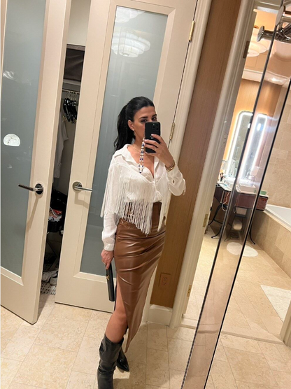 Genuine Leather Brown Long Skirt Slide Slit Hem