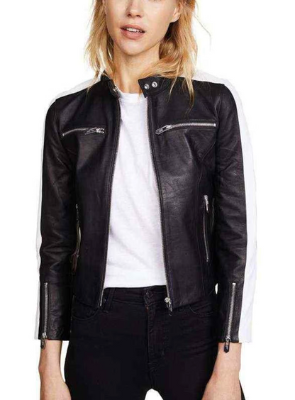 Women Black Cafe Racer Biker Leather Jacket
