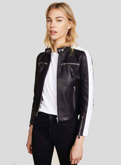 Women Black Cafe Racer Biker Leather Jacket