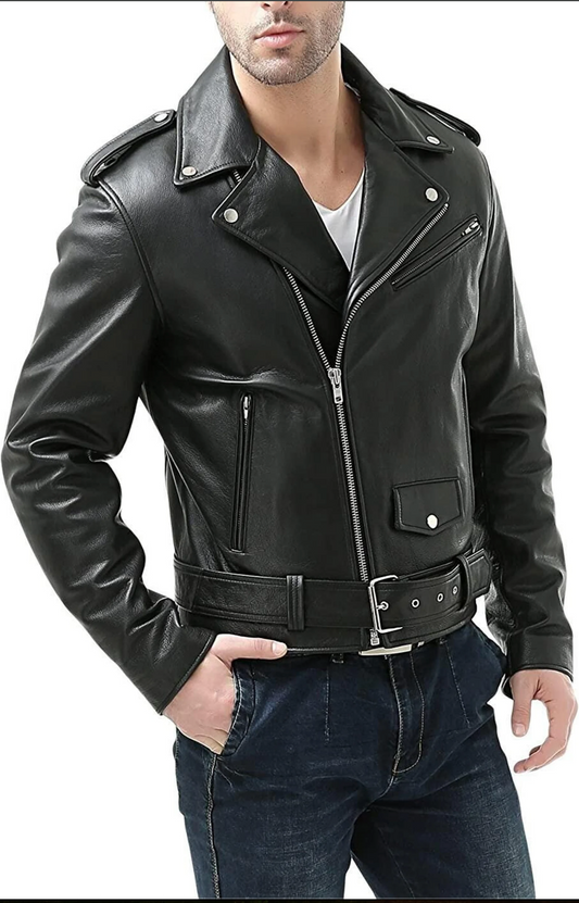 Men's Genuine Leather Biker Jacket with Belted Waist