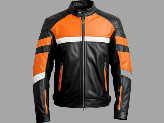 Men's Genuine Leather Jacket with Snap Collar