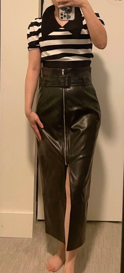 Black Leather Pencil Skirt with High Slit