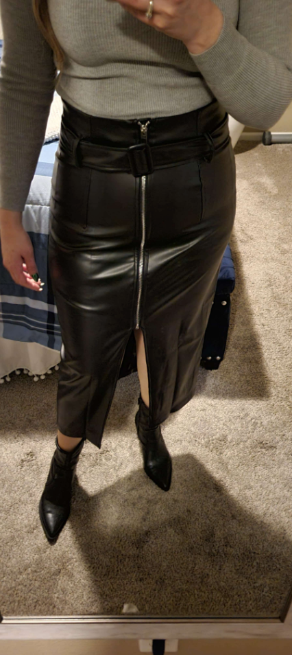 Black Leather Pencil Skirt with High Slit