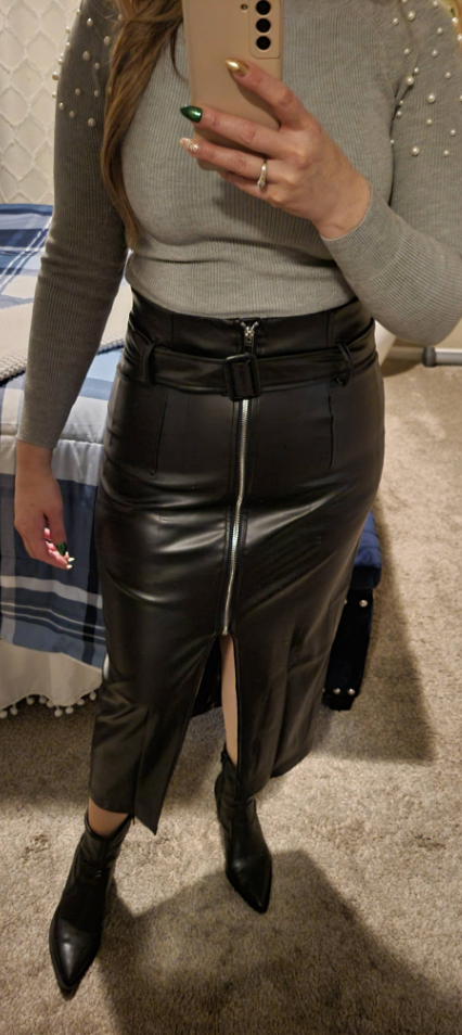 Black Leather Pencil Skirt with High Slit