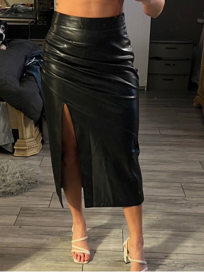 High Waisted Leather Skirt Ruched Detail