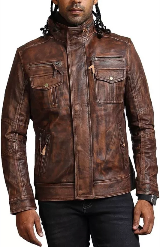 Men's Distressed Brown Leather Jacket Biker Style