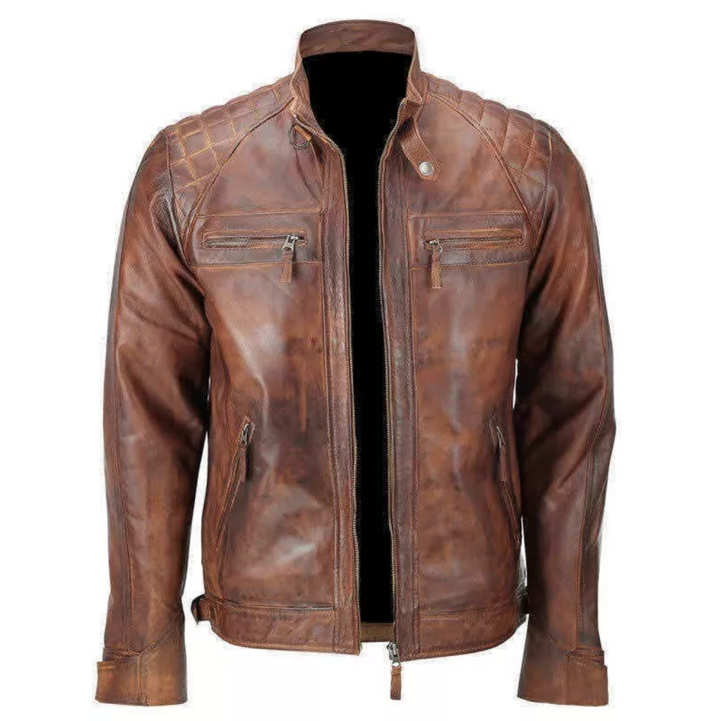 Quilted Shoulder Design Men's Leather Jacket