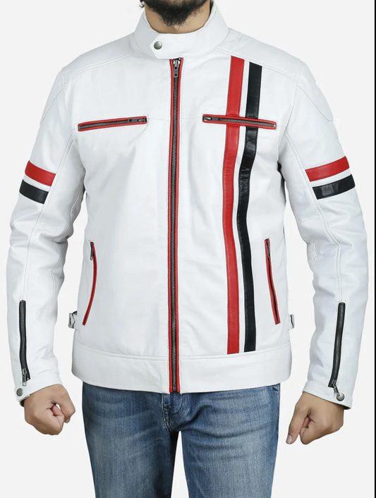 Men's Moto Leather Jacket with Red and Black Stripes