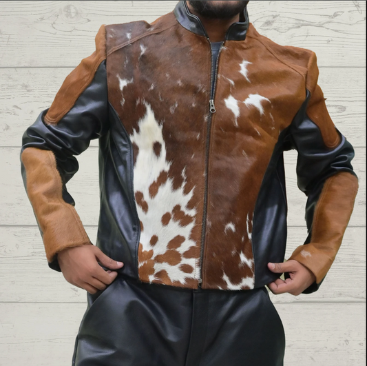 Brown White Men's Hair On Cowhide Fur Jacket