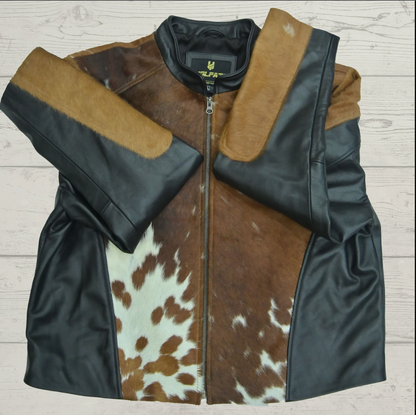 Brown White Men's Hair On Cowhide Fur Jacket