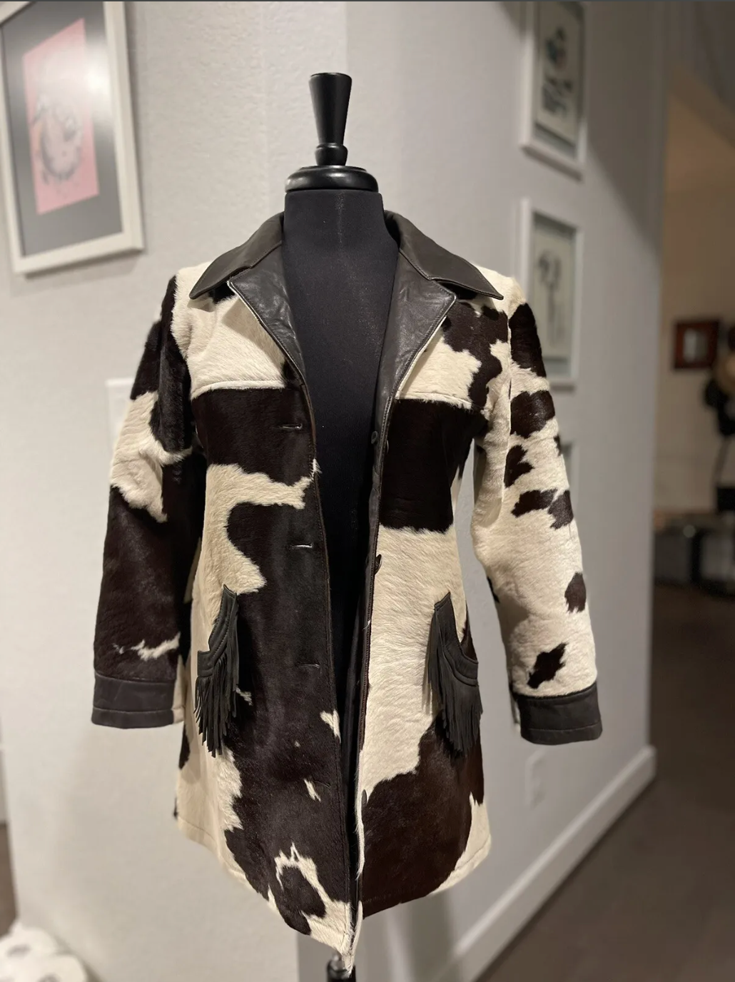 Black White Cowhide Fur Trench Coat Jacket