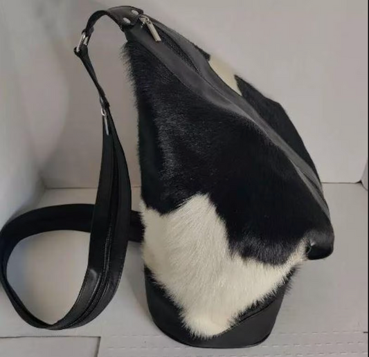 Genuine Cowhide Shoulder Backpack Black White