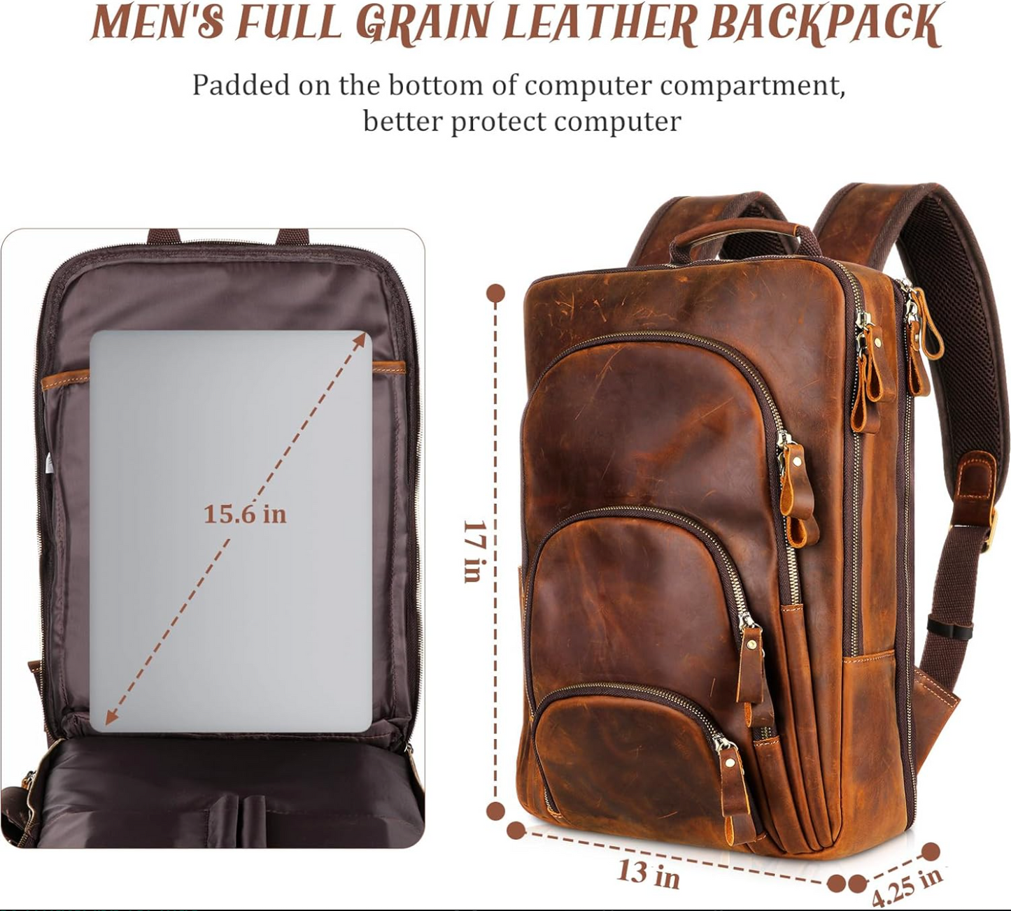 Full Grain Leather Backpack 15.6"