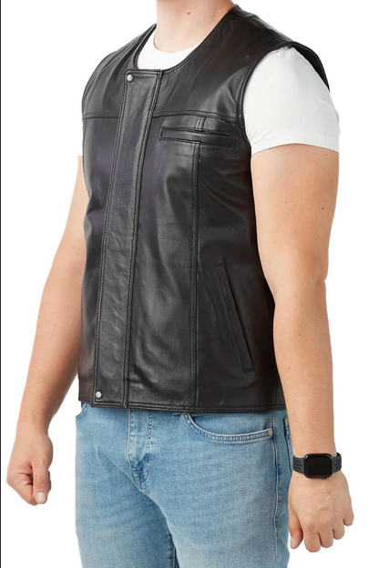 Men's Leather Vest Real Black Waistcoat