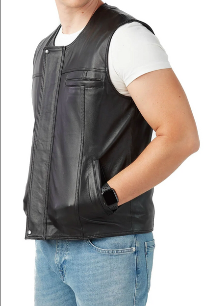 Men's Leather Vest Real Black Waistcoat