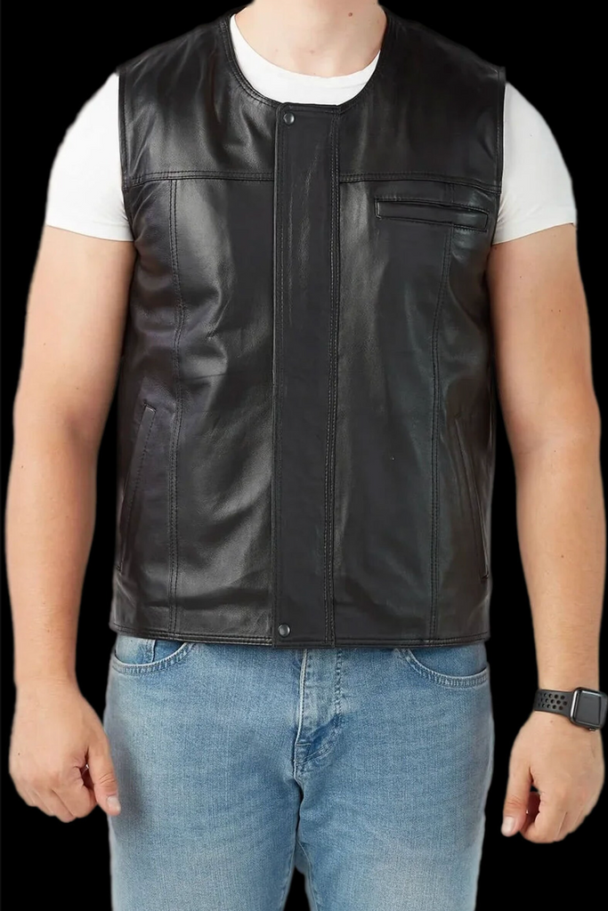 Men's Leather Vest Real Black Waistcoat