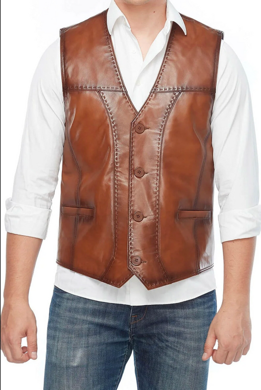 Handcrafted Brown Leather Vest for Men