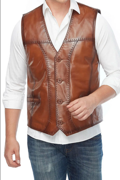 Handcrafted Brown Leather Vest for Men