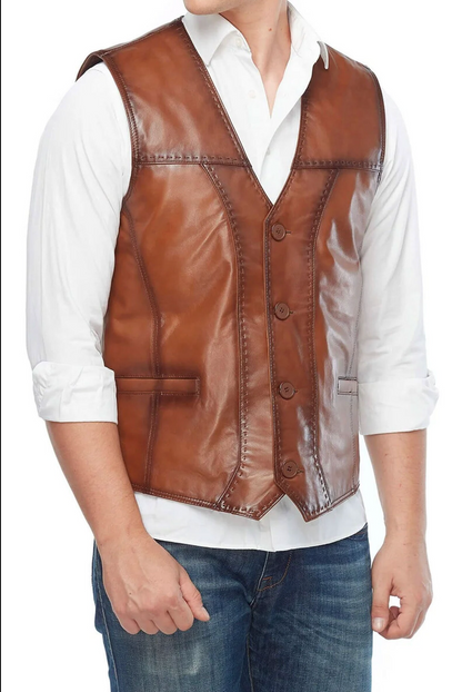 Handcrafted Brown Leather Vest for Men