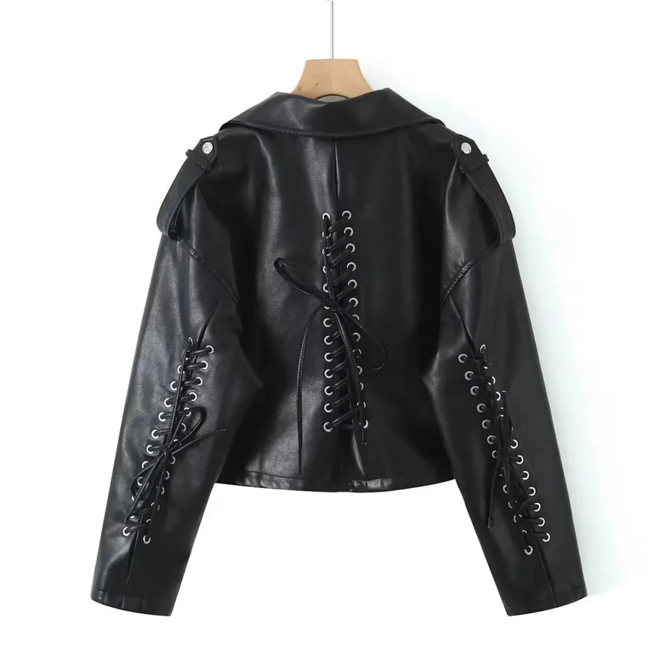 Women Cropped Lace Up Leather Jacket