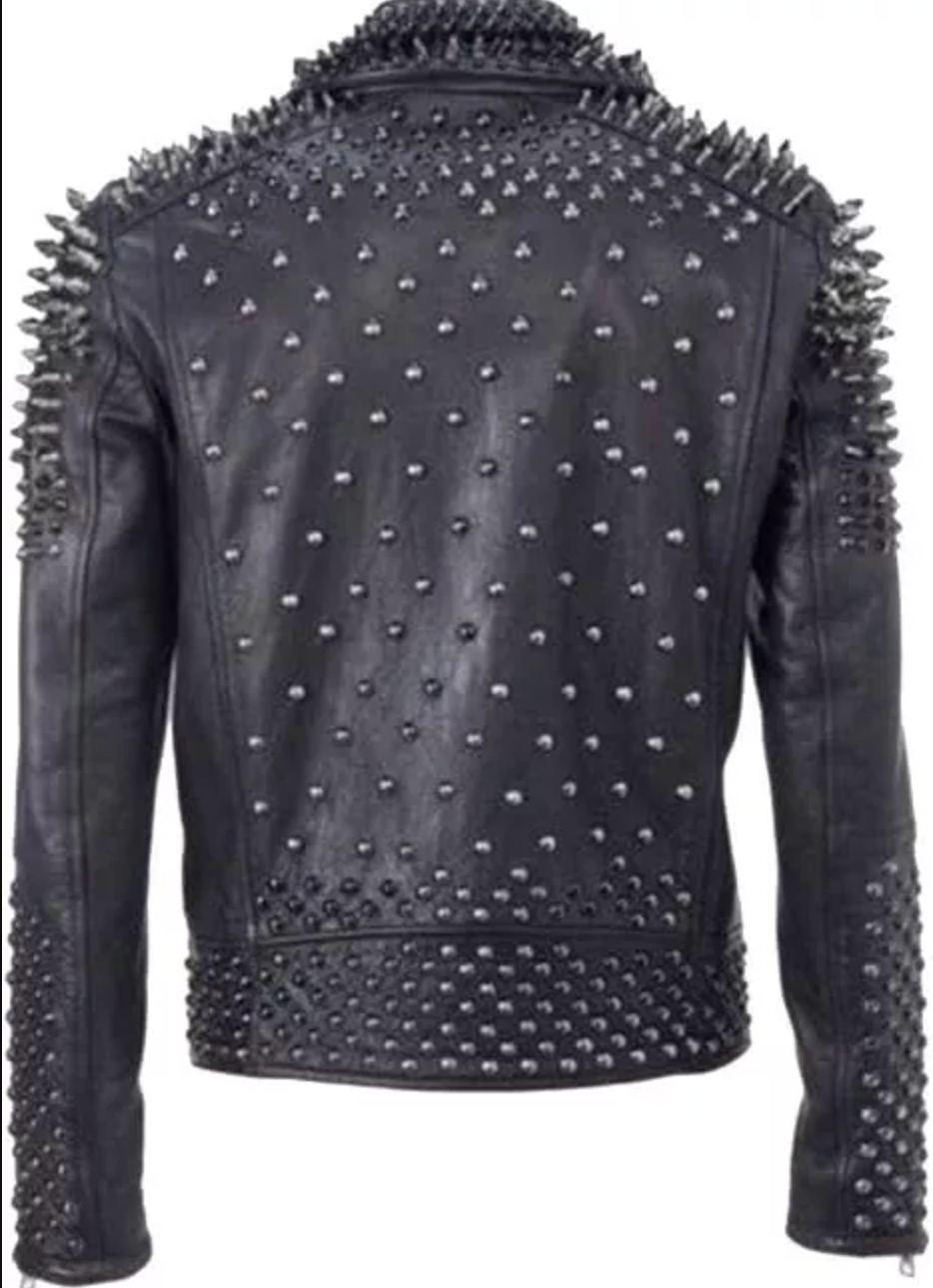 Men Silver Studded Leather Jacket With Silver Spike Retro