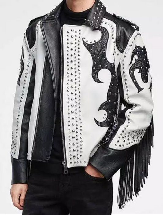 Two Tone Retro Leather Jacket Fringe Studs