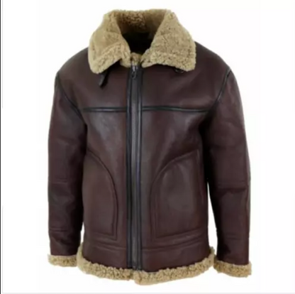 Stay warm and stylish with this brown shearling leather aviator jacket, featuring genuine sheepskin lining and a classic bomber design perfect for any season.