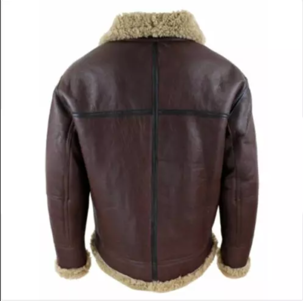 Upgrade your outerwear collection with this rugged brown leather bomber jacket, crafted with real sheepskin shearling for ultimate comfort and a timeless aviator look.