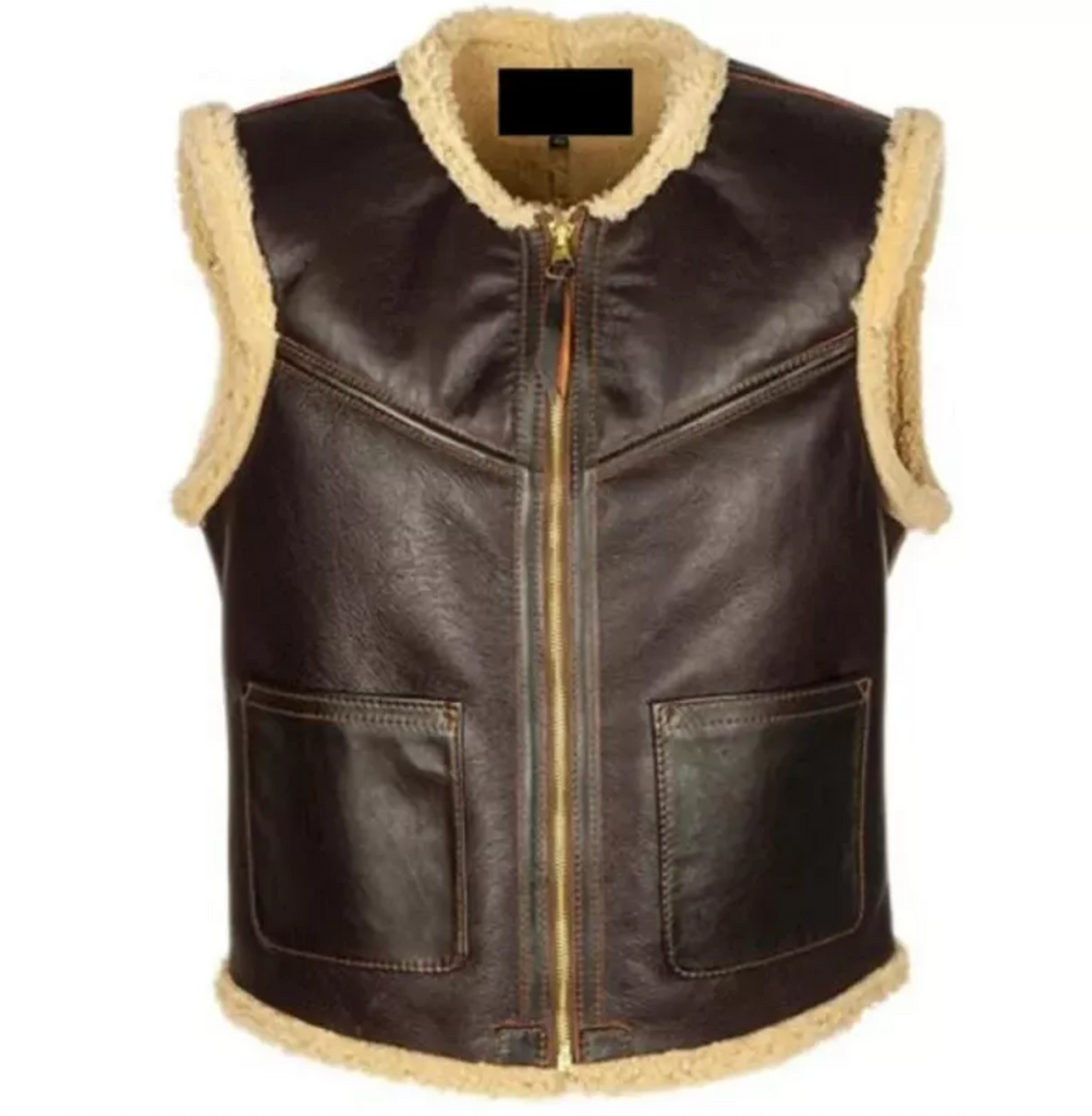 Men's collarless Brown Shearling Leather Vest