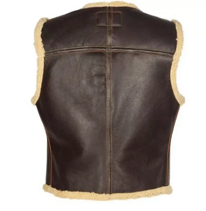 Men's collarless Brown Shearling Leather Vest