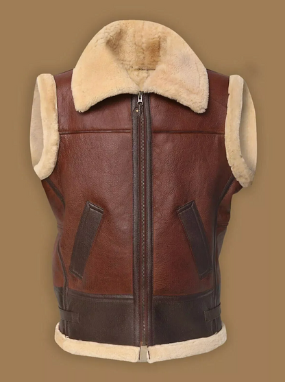 Men's Brown Aviator Faux Shearling Leather Vest