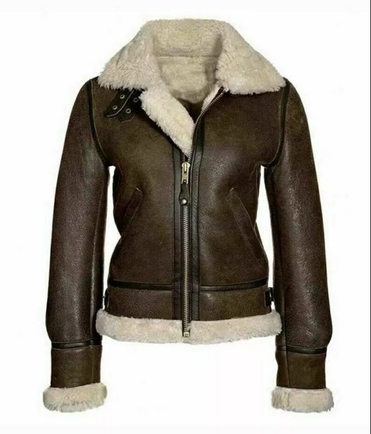 Women's Aviator Bomber Fur Sheepskin Leather Jacket