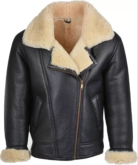 Men's Black Aviator Sheepskin Leather Jacket