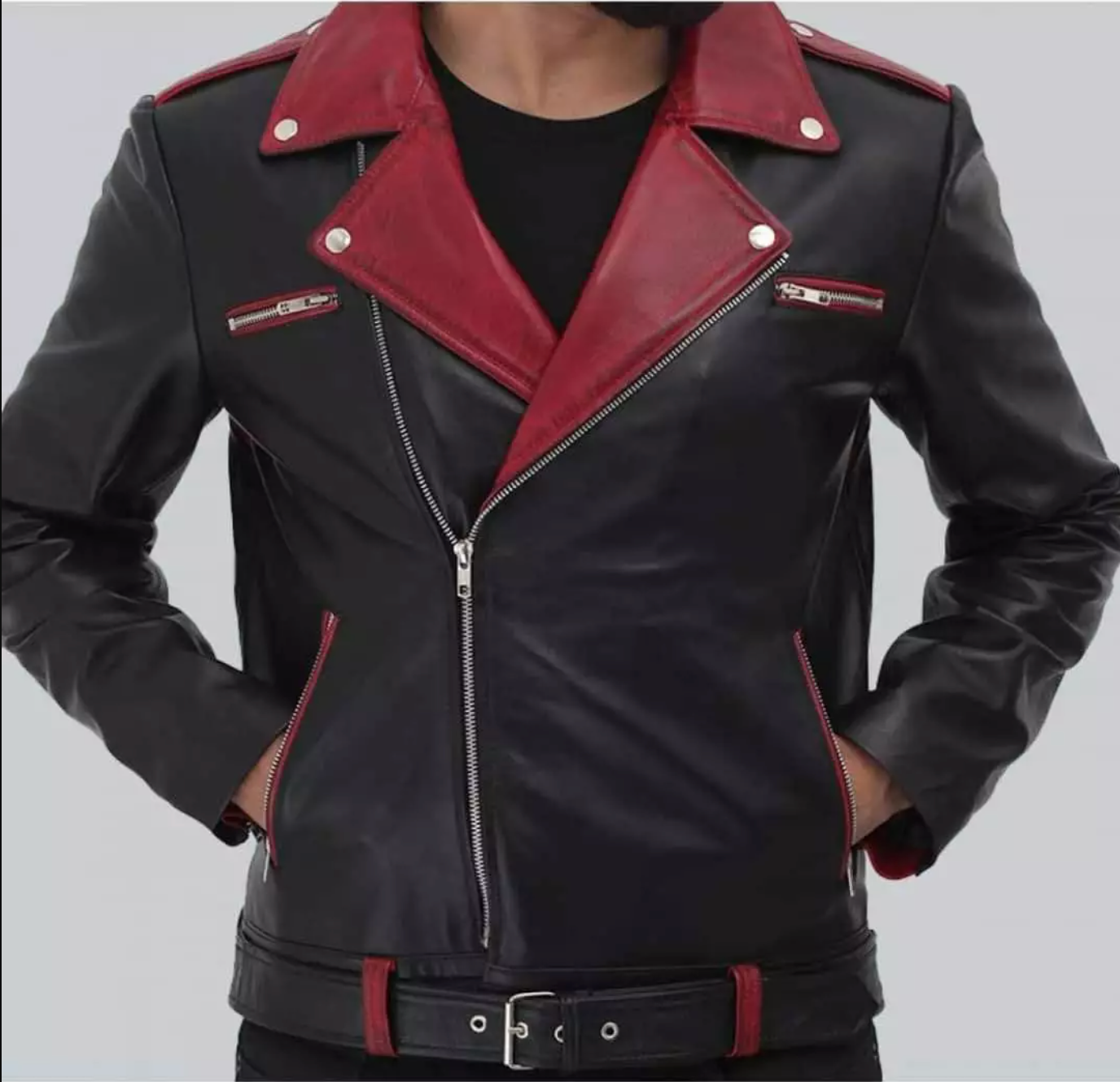 Men's belted biker leather jacket