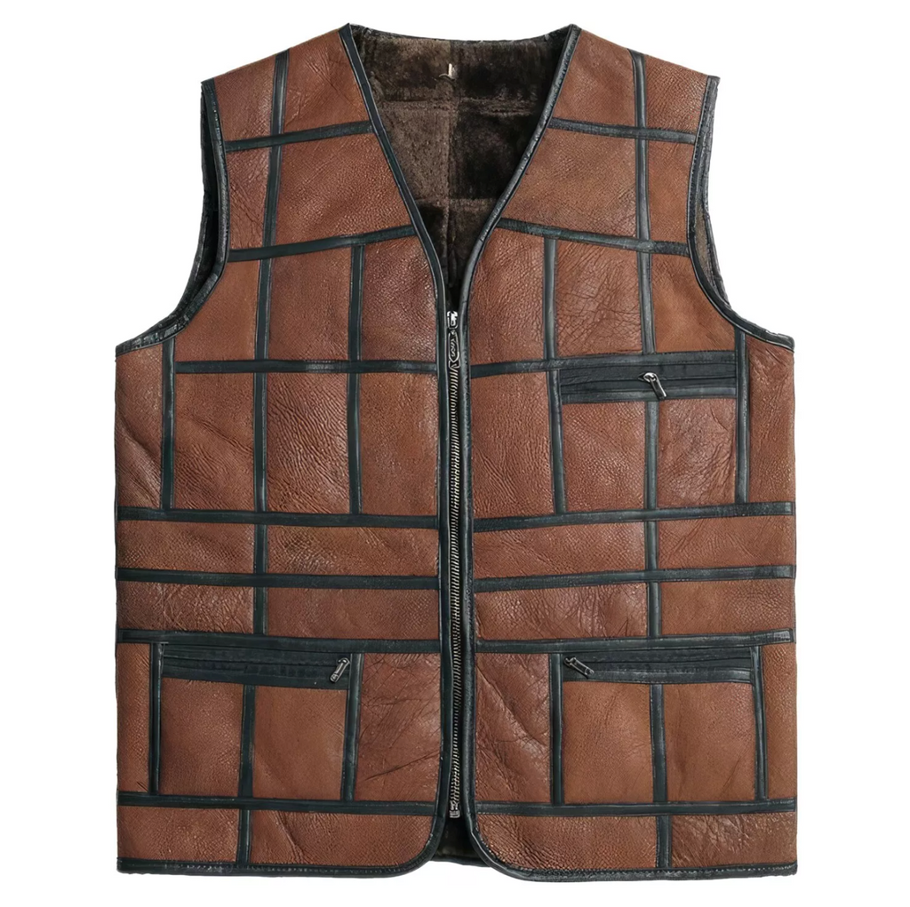 Men's Distressed Striped Design Leather Vest