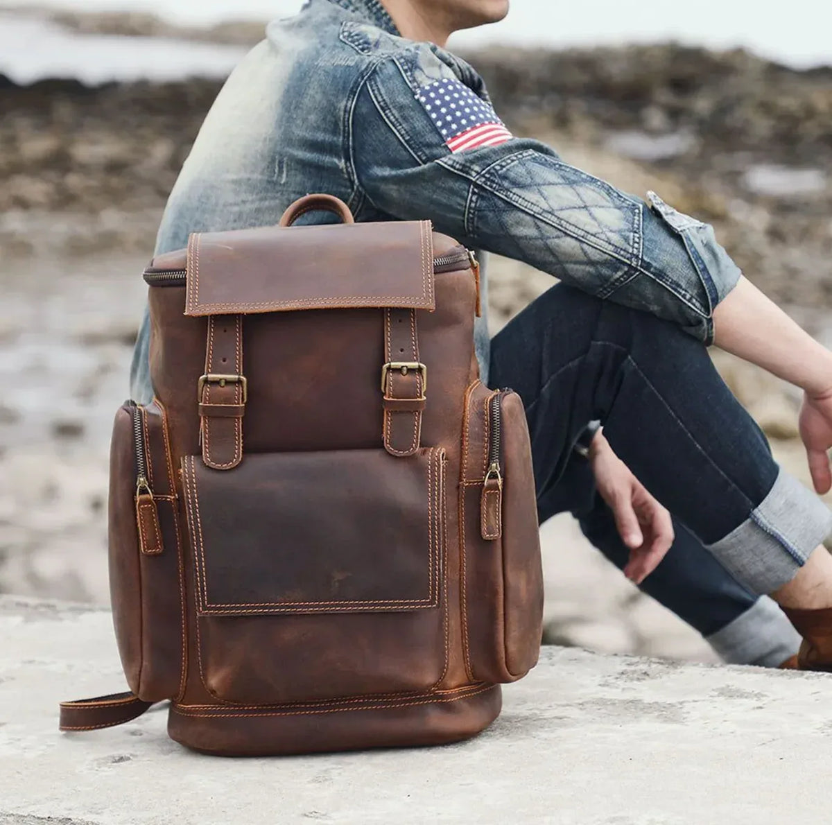 Original Cowhide Leather Travel Backpack – Boho Living Room