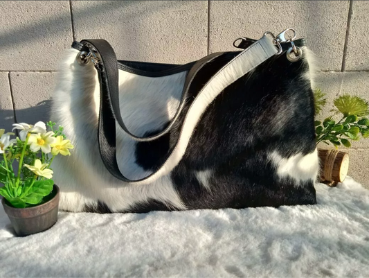 Black White Genuine Cowhide Shopper Purse