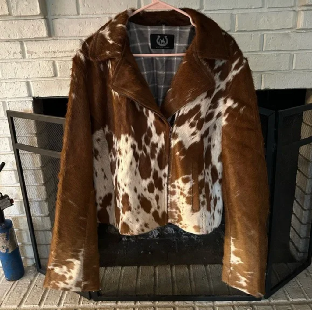 Brown White Hair On Cowhide Jacket With Fringe